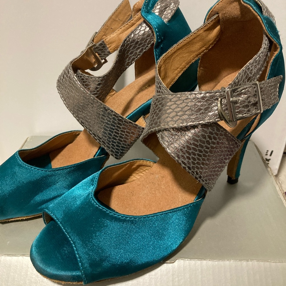 Elegant Teal and Silver Women's salsa, bachata, tango Heels